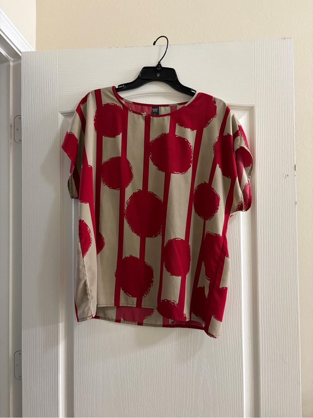 Emery Rose Red Beige Geometric Print Blouse Short Sleeve Abstract Top Large